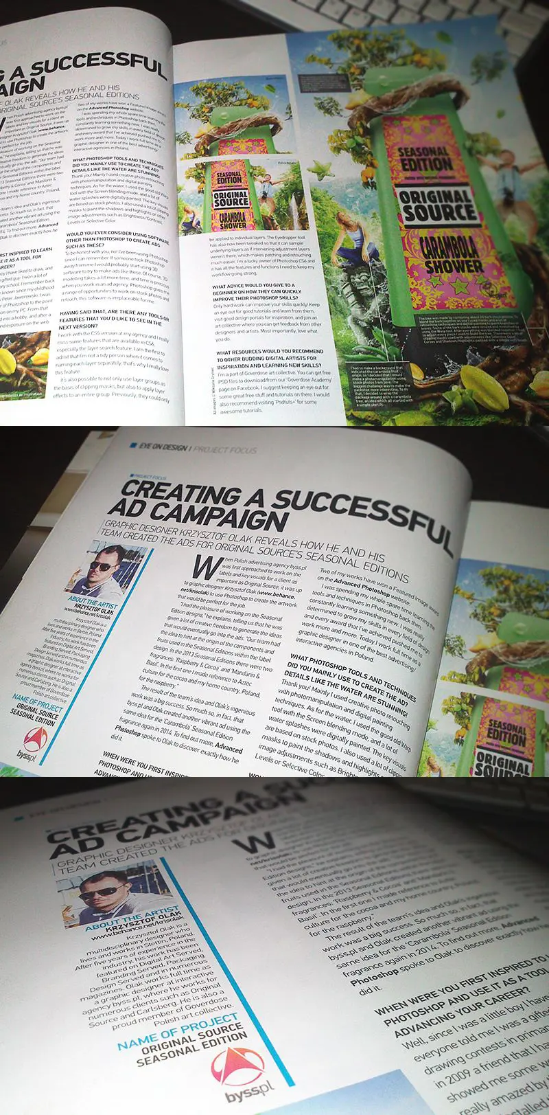 Open Advanced Photoshop UK magazine showing the Project Focus interview with Krzysztof Olak and the Original Source Seasonal Editions campaign